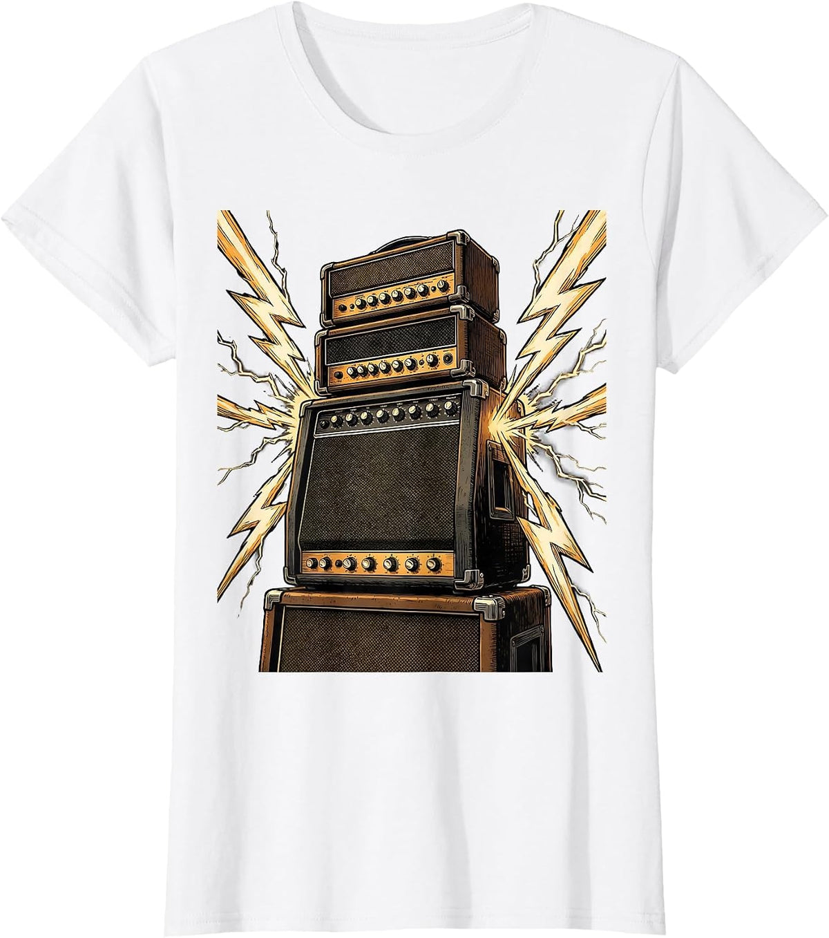 Stacked Amplifier Tower Lightning Bolts Graphic T-Shirt - White