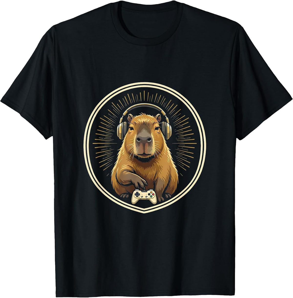 Men's Capybara Gamer Emblem Retro Meme Lover T-Shirt - Black