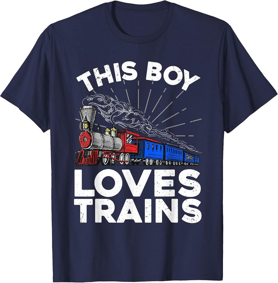 Cool Train Art for Boys Kids Toddlers Train Lovers Railroad T-Shirt - Navy Blue
