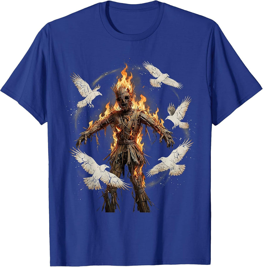 Burning Effigy and Ravens Dark Horror Graphic T-Shirt - Royal Blue