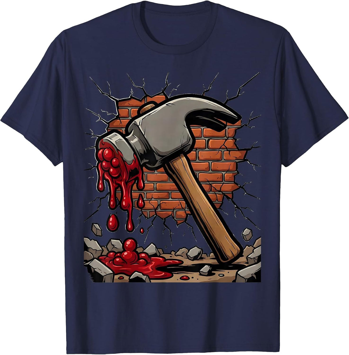 Bloody Hammer Cracked Wall Graphic Design T-Shirt - Navy Blue