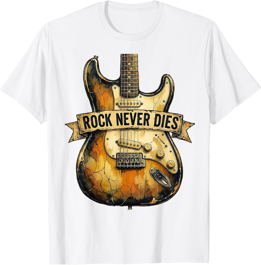 Men's Rock Never Dies Bold Music Graphic Design T-Shirt - White