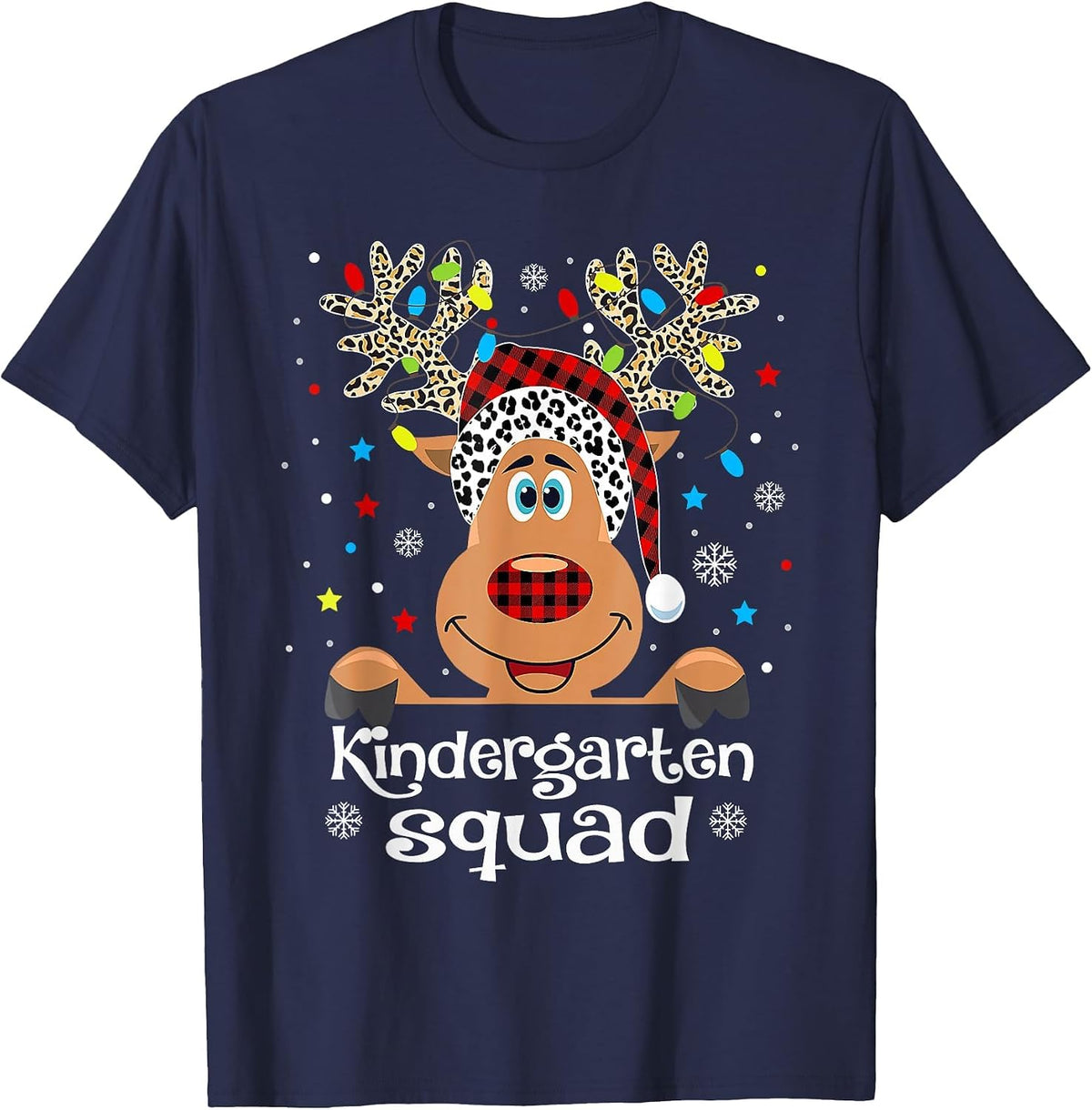 Kindergarten Squad Plaid Reindeer Santa Hat Teacher T-Shirt - Navy Blue