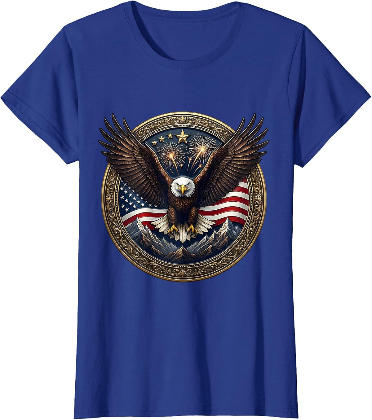Women's Red White and Blue Bald Eagle Mountain Peak T-Shirt - Royal Blue