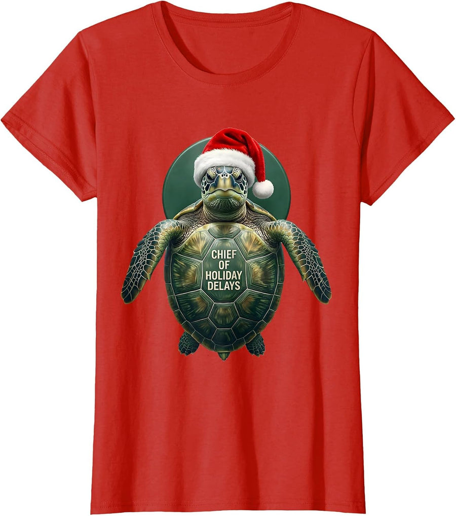 Women's Chief of Holiday Delays Editorial Conceptual Sea Turtle T-Shirt - Red