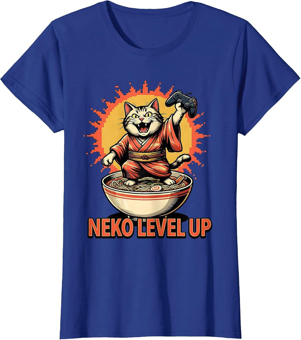 Women's Neko Level Up Cartoon Anime Cat Gaming Ramen Humor T-Shirt - Royal Blue