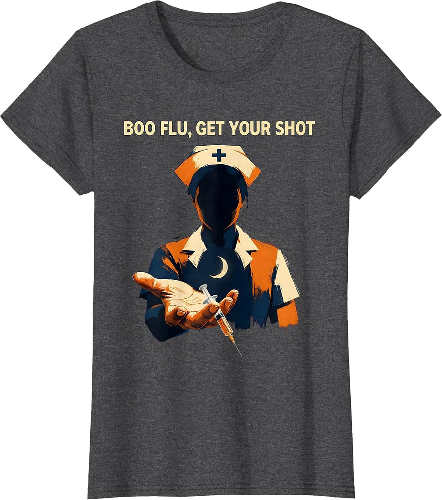 Women's Boo Flu Get Your Shot Funny Nurse Halloween Vaccine Humor T-Shirt - Dark Heather Grey