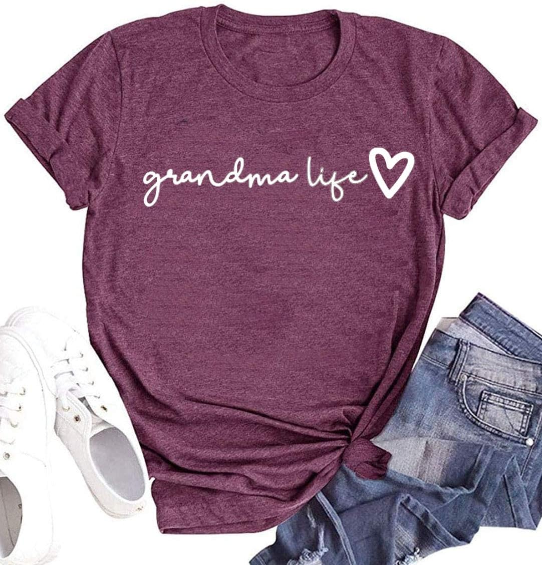 Grandma Shirt Women Casual Grandma Life Heart Printed T-Shirt Funny Tee Shirt for Grandma - Purple