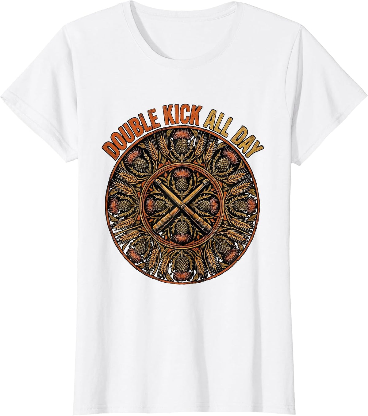 Double Kick All Day Metal Band Drum Design T-Shirt - White