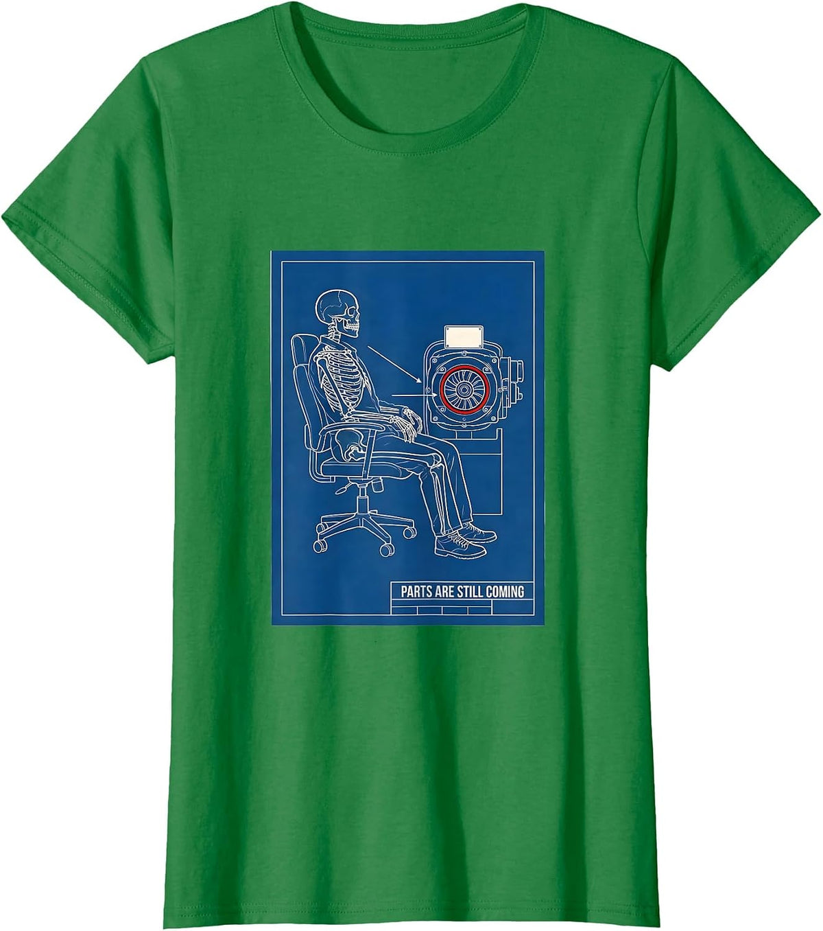 Women's PARTS ARE STILL COMING Technical Blueprint Mechanic Skeleton T-Shirt - Kelly Green