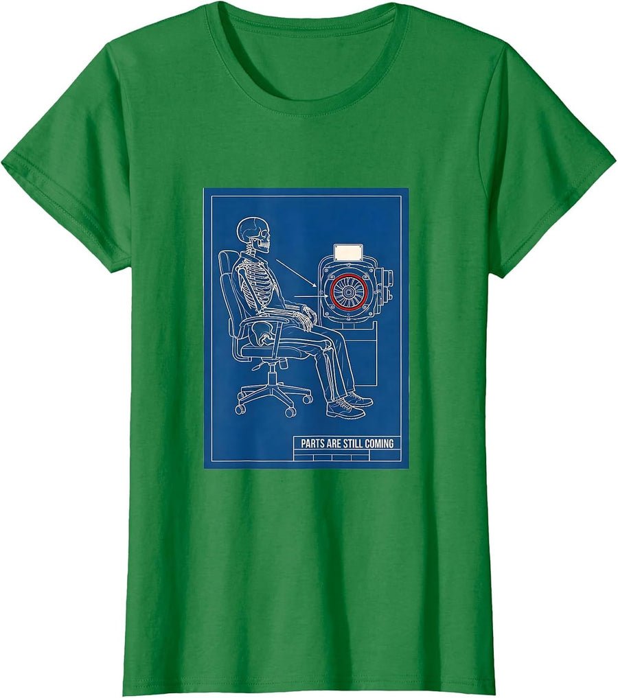 Women's PARTS ARE STILL COMING Technical Blueprint Mechanic Skeleton T-Shirt - Kelly Green