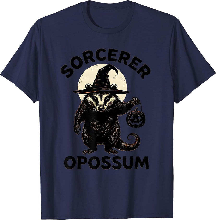 Sorcerer Opossum Linocut Vintage Gothic Halloween Spooky T-Shirt - Navy Blue