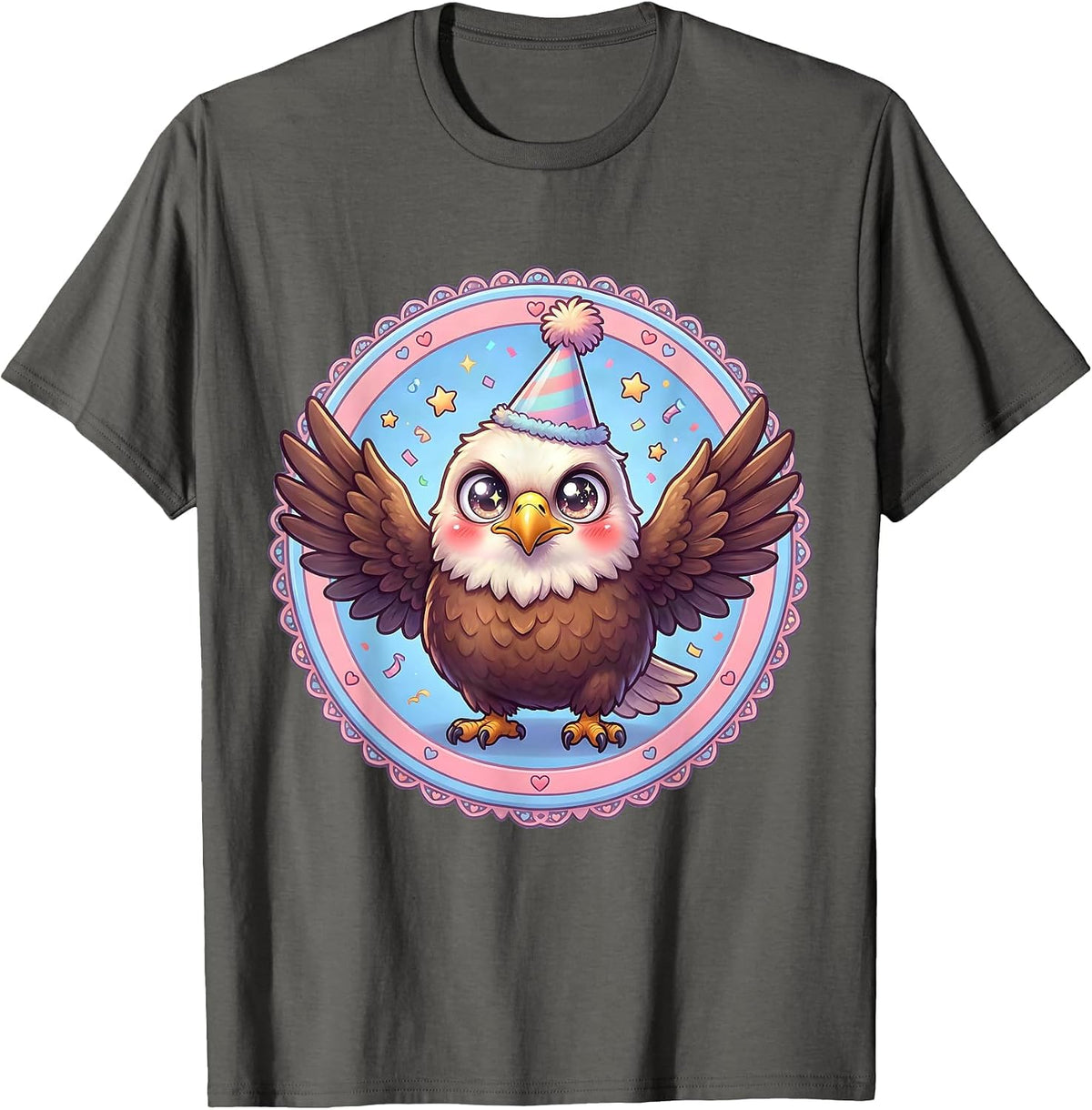Birthday Eagle Party Hat Mid-Flight Illustration T-Shirt - Asphalt Grey