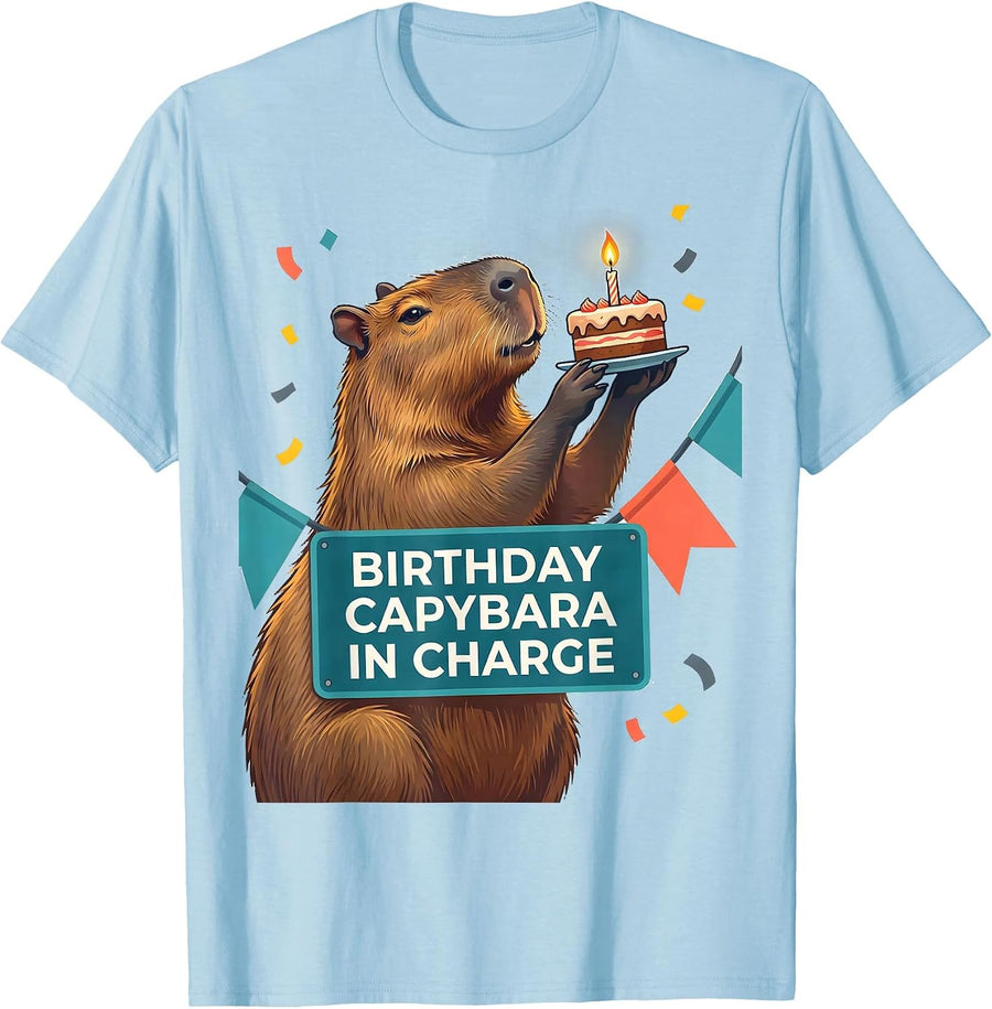 Men's Birthday Capybara In Charge Kawaii Cute Animal Birthday T-Shirt - Baby Blue
