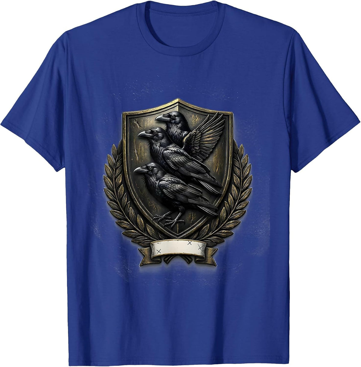 Men's Heraldic Crow Shield Dark Humor Bird Lover Emblem T-Shirt - Royal Blue