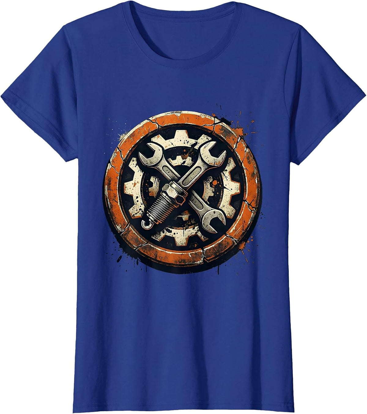 Women's Mechanic Wrench and Spark Plug Crossed Design T-Shirt - Royal Blue