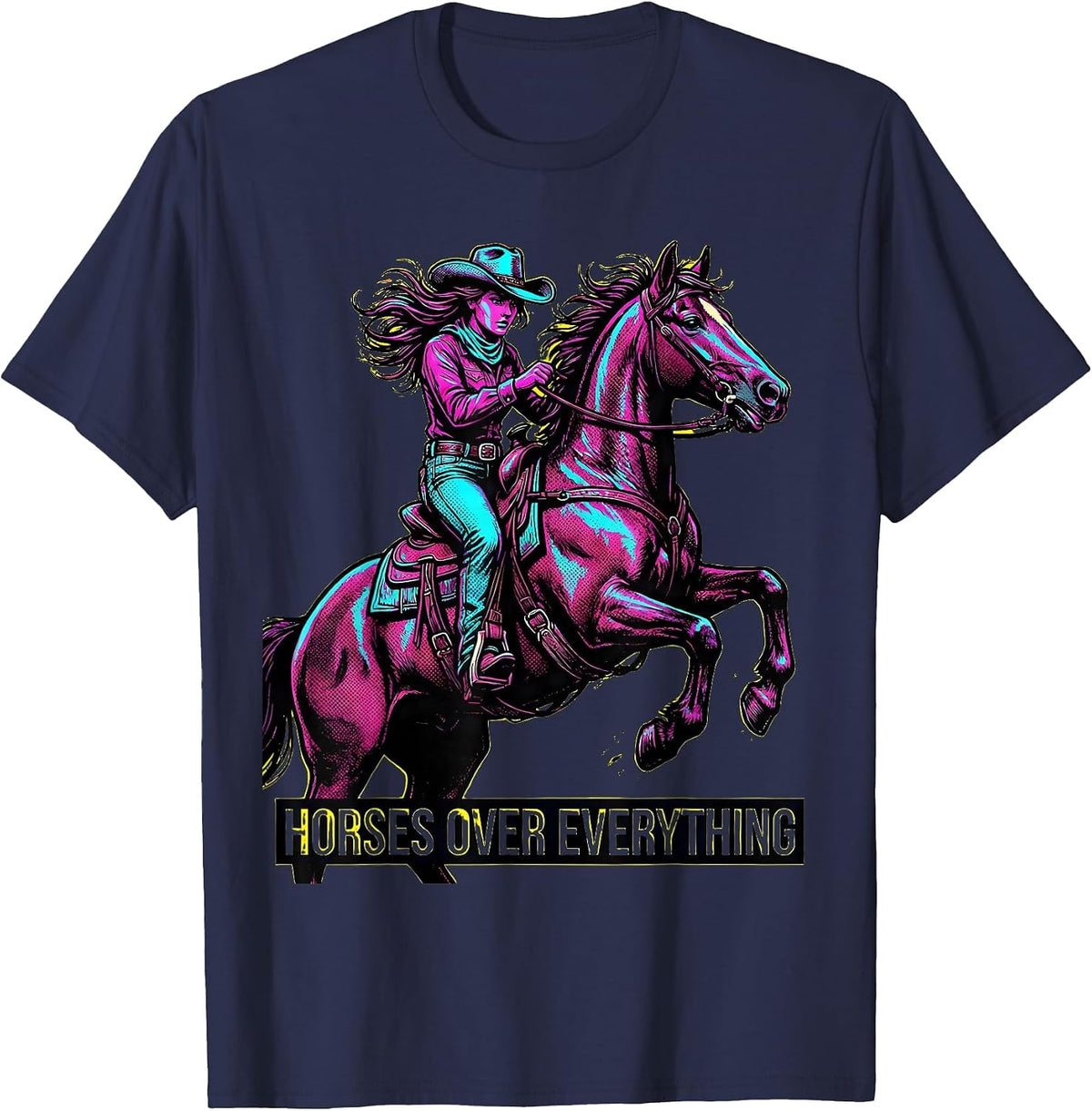 Horses Over Everything Western Girls Design T-Shirt - Navy Blue