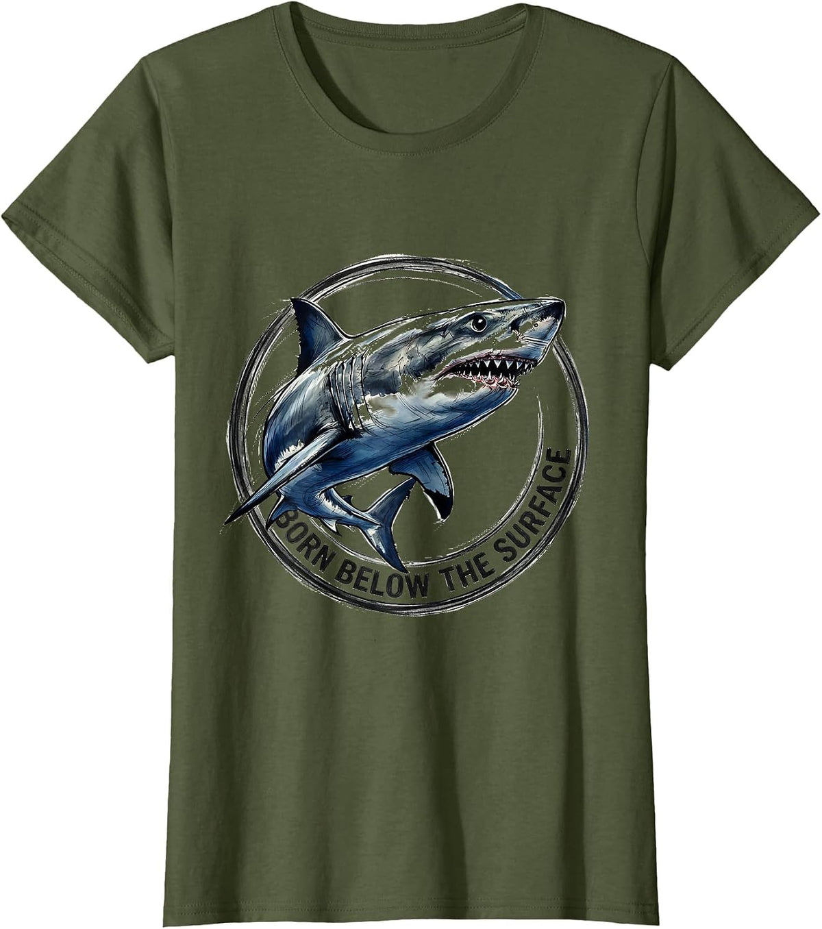 Women's Born Below the Surface Shark Design T-Shirt - Olive Green