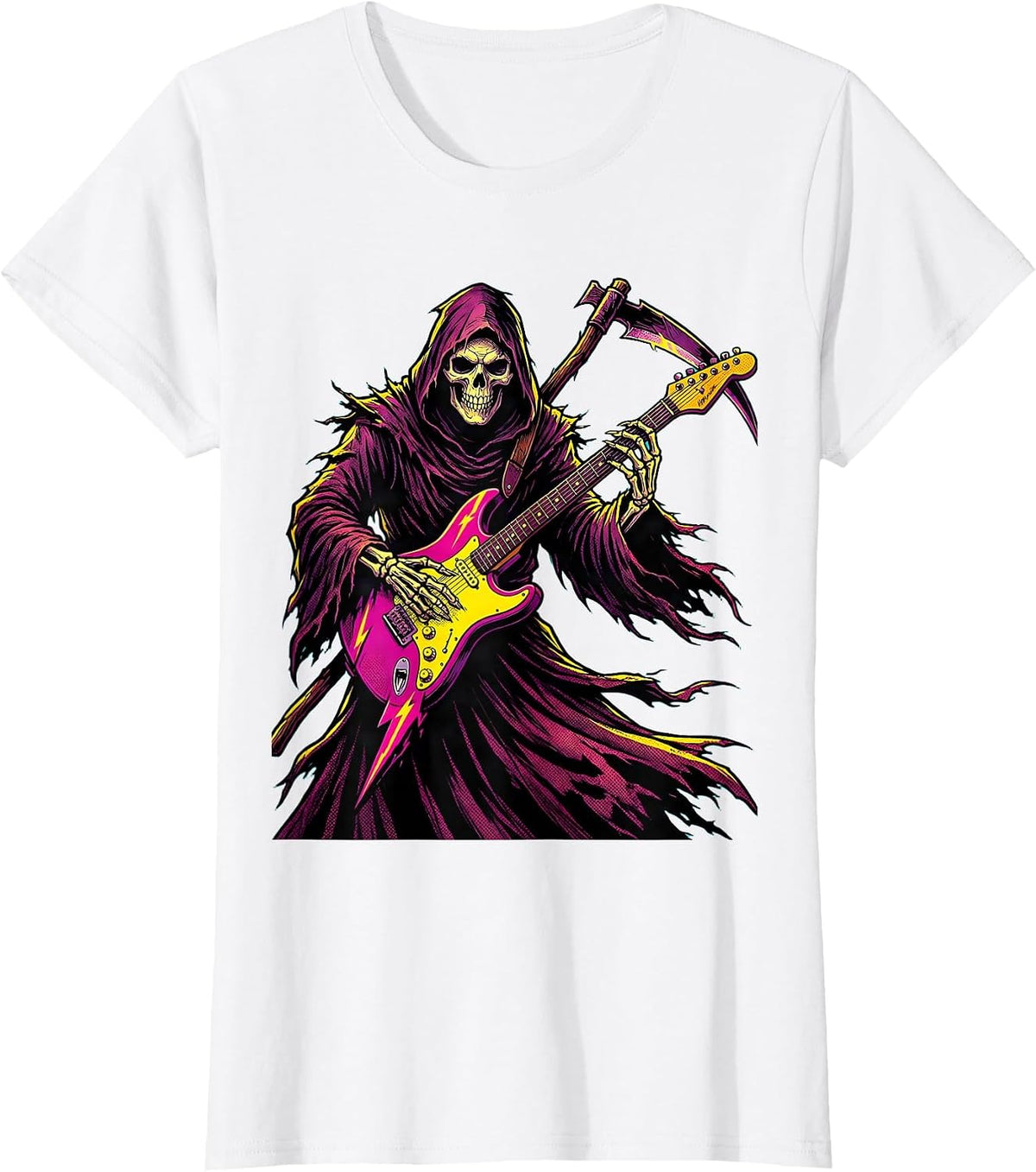 Women's Grim Reaper Electric Guitar Halloween Design T-Shirt - White