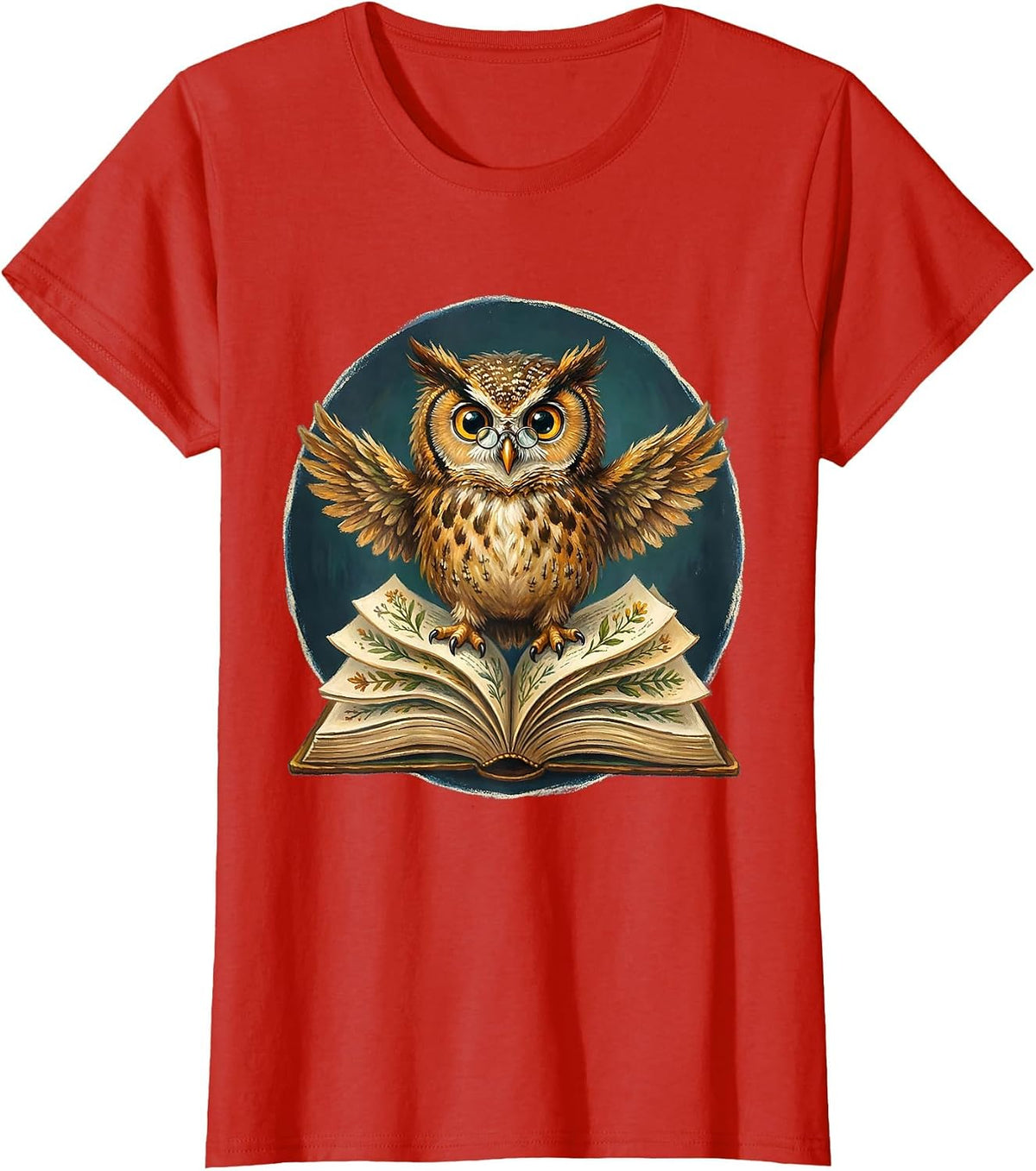 Owl on Open Book Illustration for Teachers T-Shirt - Red