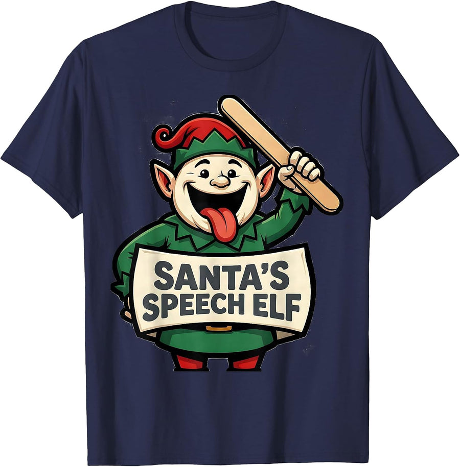 Santa's Speech Elf Funny Speech Therapist SLP Christmas T-Shirt - Navy Blue