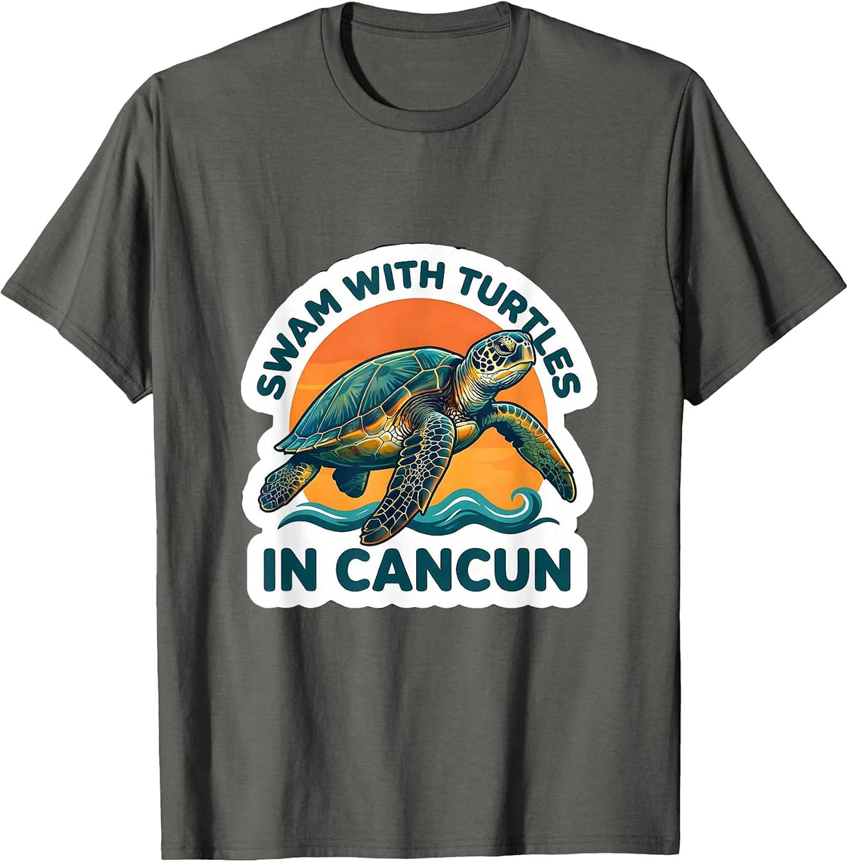 Men's Swam With Turtles In Cancun Sticker Style Tropical Souvenir T-Shirt - Asphalt Grey