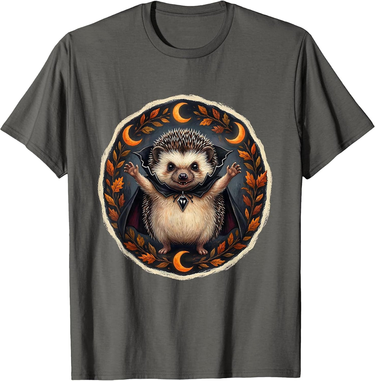 Cute Halloween Dracula Hedgehog Spooky Design T-Shirt - Asphalt Grey