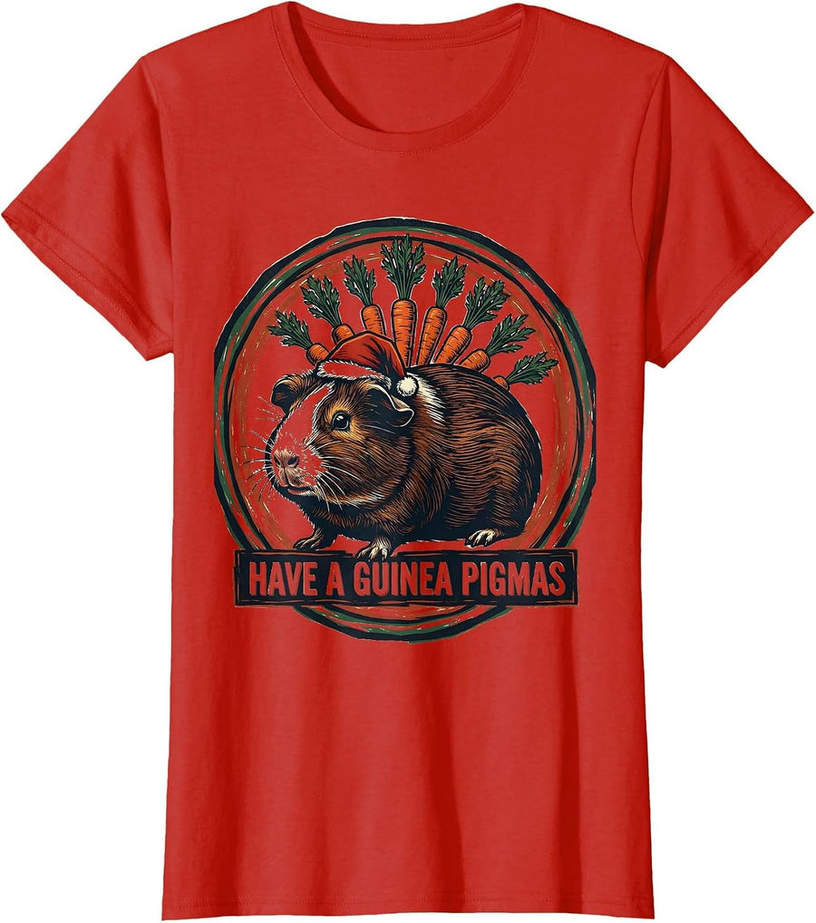 Women's Have A Guinea Pigmas Linocut Funny Guinea Pig Owner T-Shirt - Red