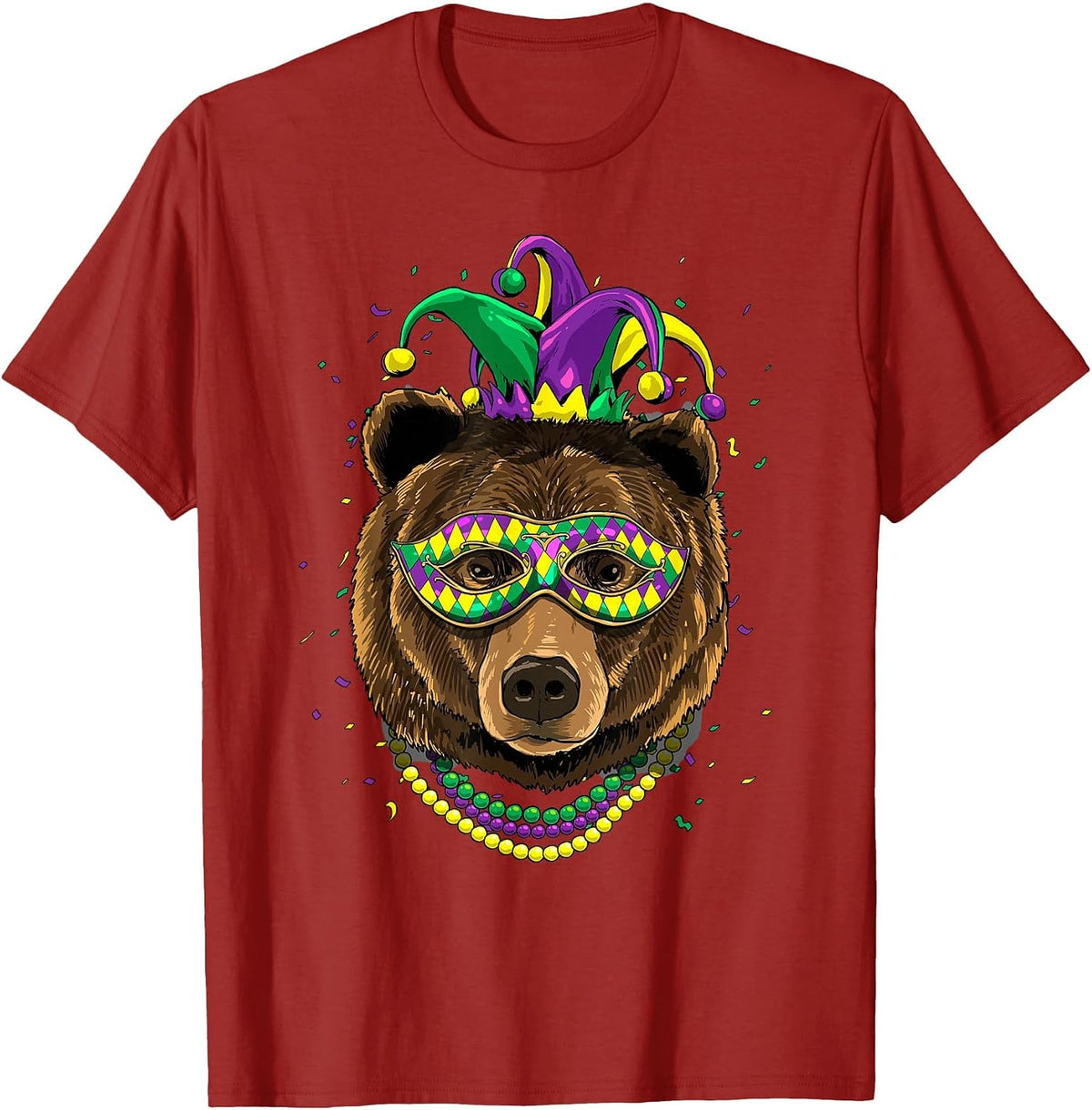 Bear Animal Lover Cute Mardi Gras Carnival Jester T-Shirt, Men, Cranberry Red, Large - As Pictured
