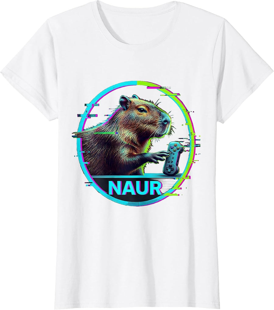 Women's Naur Glitch Datamosh Capybara Gamer Meme Humor T-Shirt - White