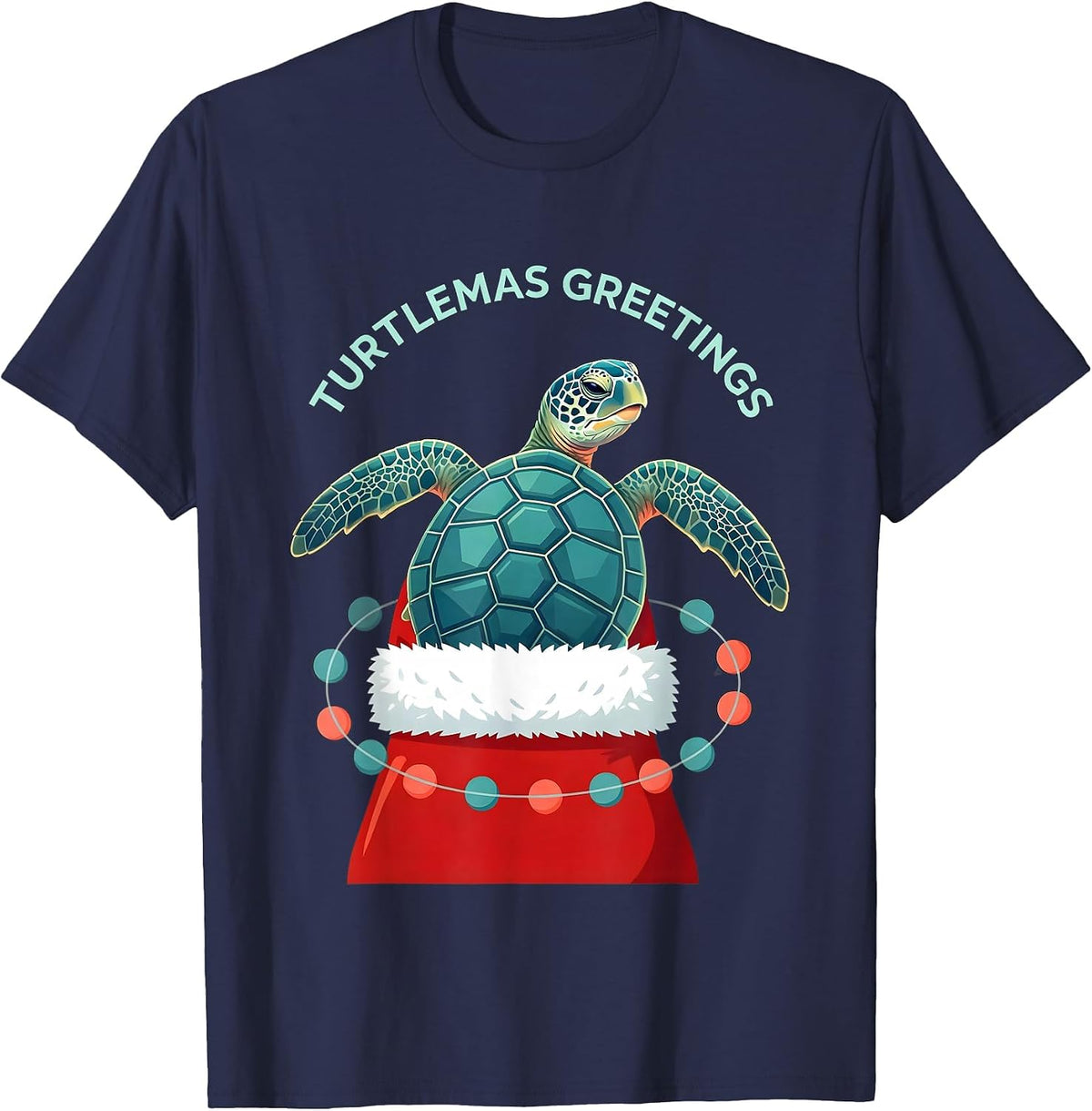 Turtlemas Greetings Whimsical Sea Turtle Christmas Santa Hat T-Shirt - Navy Blue