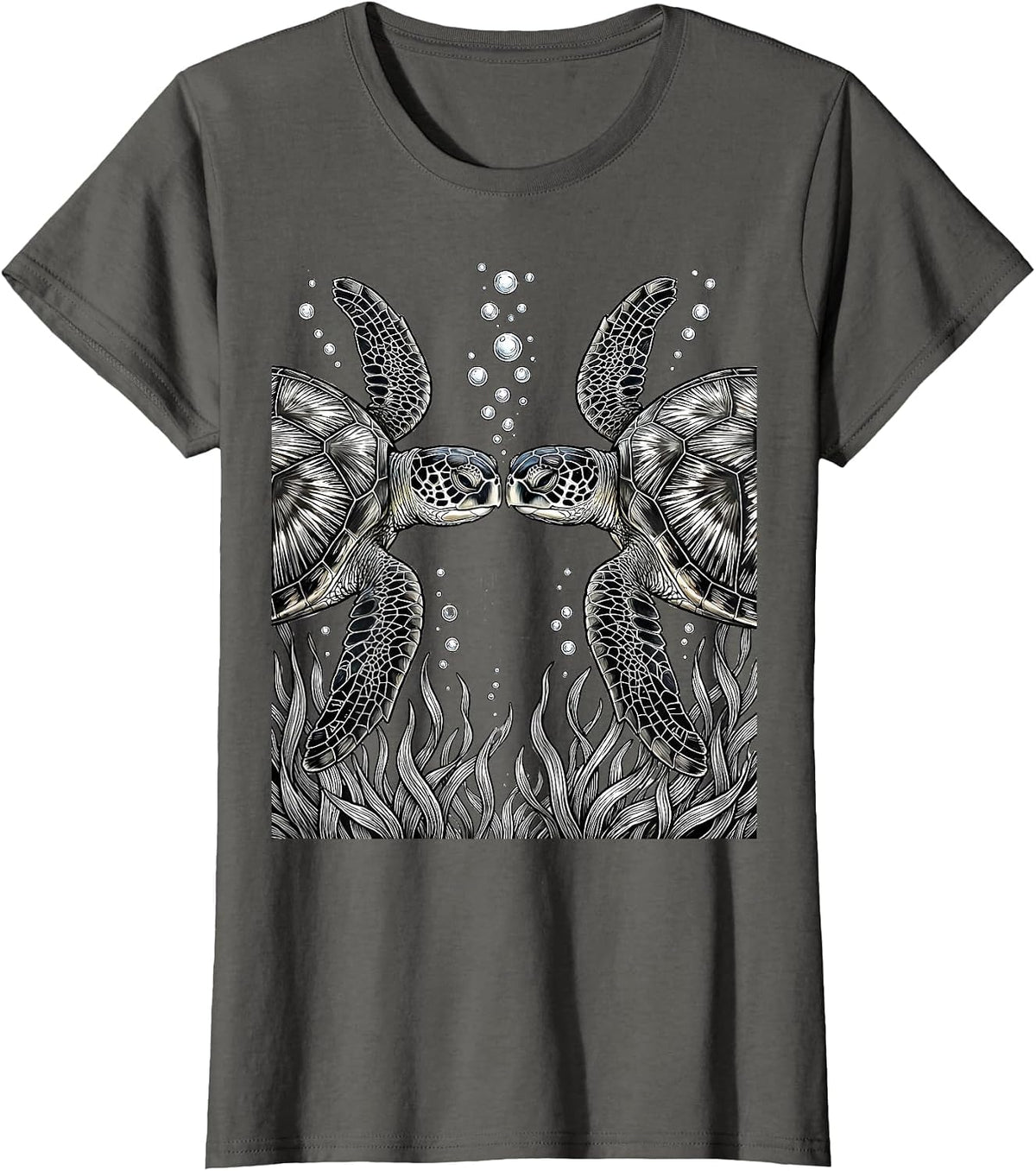 Women's Two Turtles Nose to Nose Underwater Art T-Shirt - Asphalt Grey