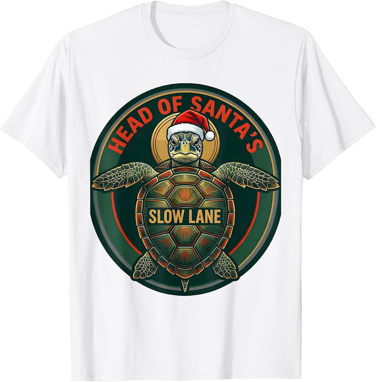 Men's Head of Santa's Slow Lane Whimsical Sea Turtle Christmas T-Shirt - White