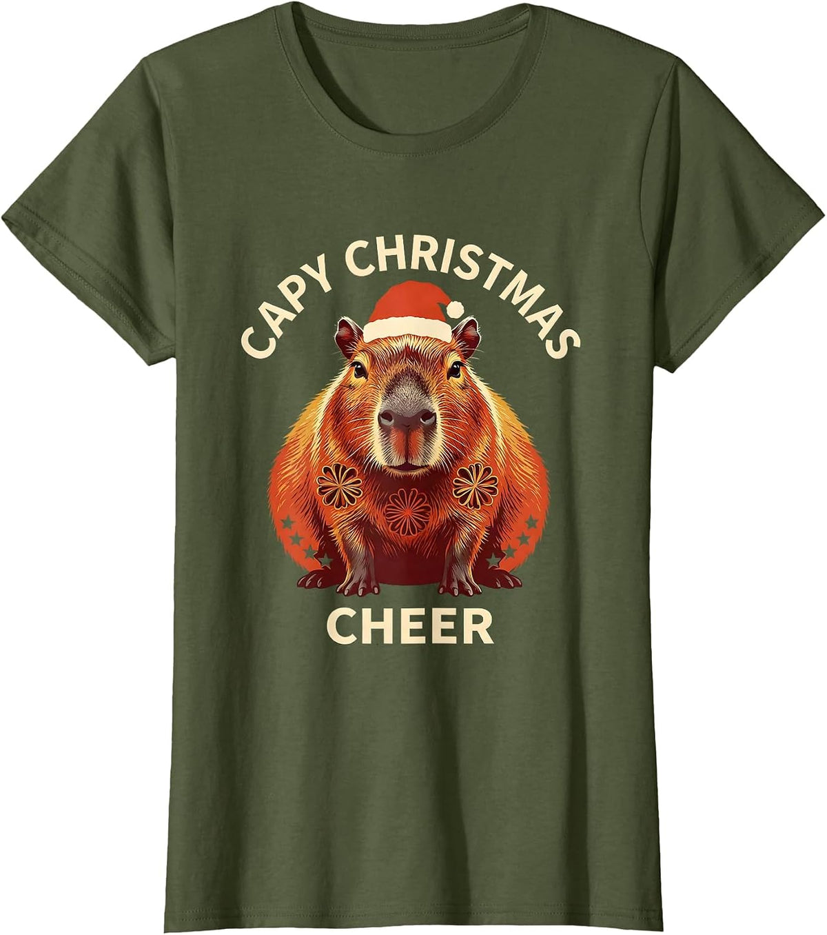 Women's Capy Christmas Cheer Folk Art Cute Capybara Santa Hat T-Shirt - Olive Green