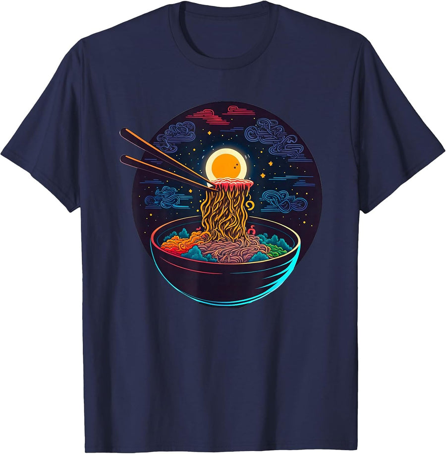 Japanese Moon Ramen Graphic Neon Retro Anime Noodles Art T-Shirt - Navy Blue