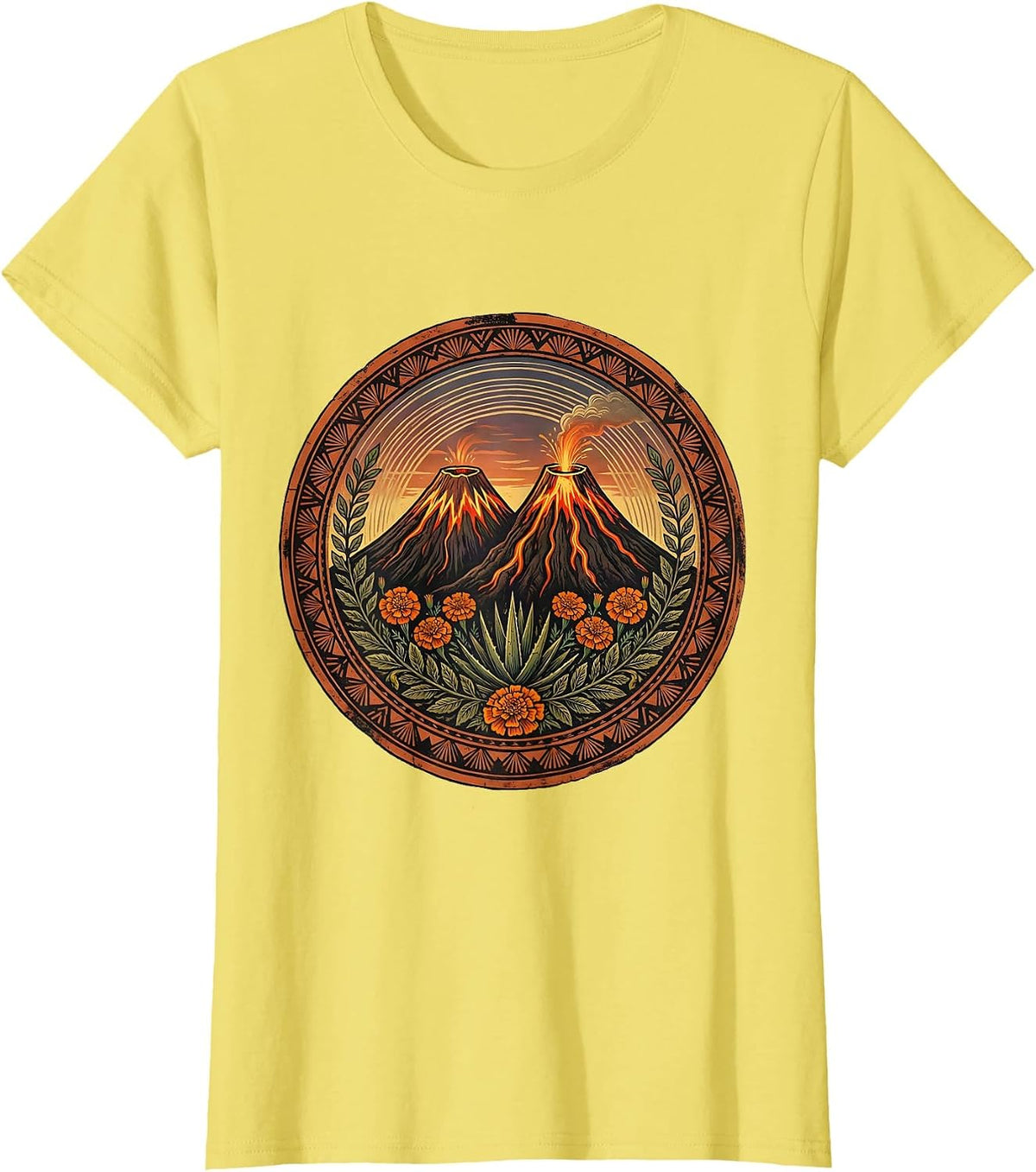 Women's Mexican Volcanoes Glowing Lava Dusk Illustration T-Shirt - Lemon Yellow