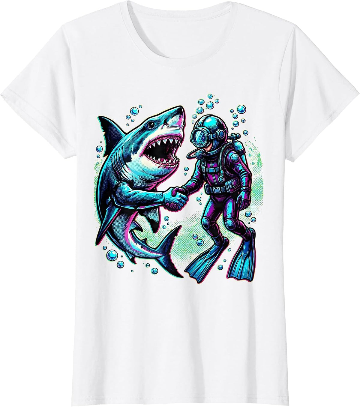 Women's Shark and Diver Holding Hands Underwater Art T-Shirt - White