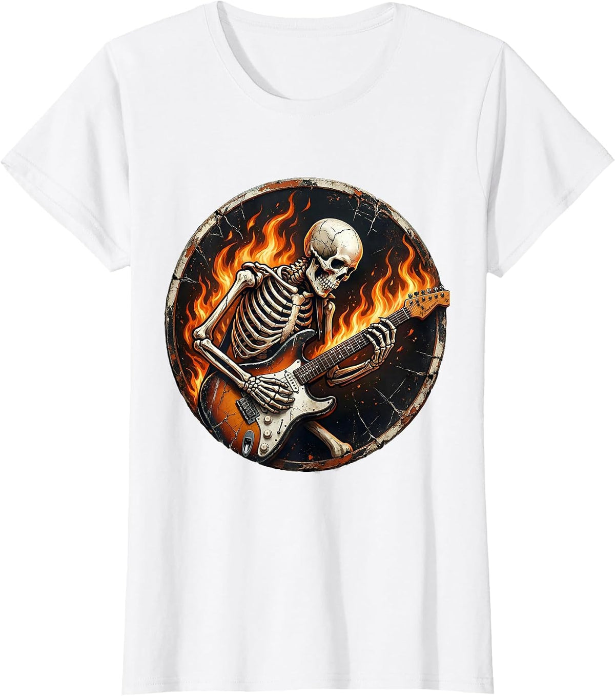 Skeleton Electric Guitar Flames Halloween Design T-Shirt - White