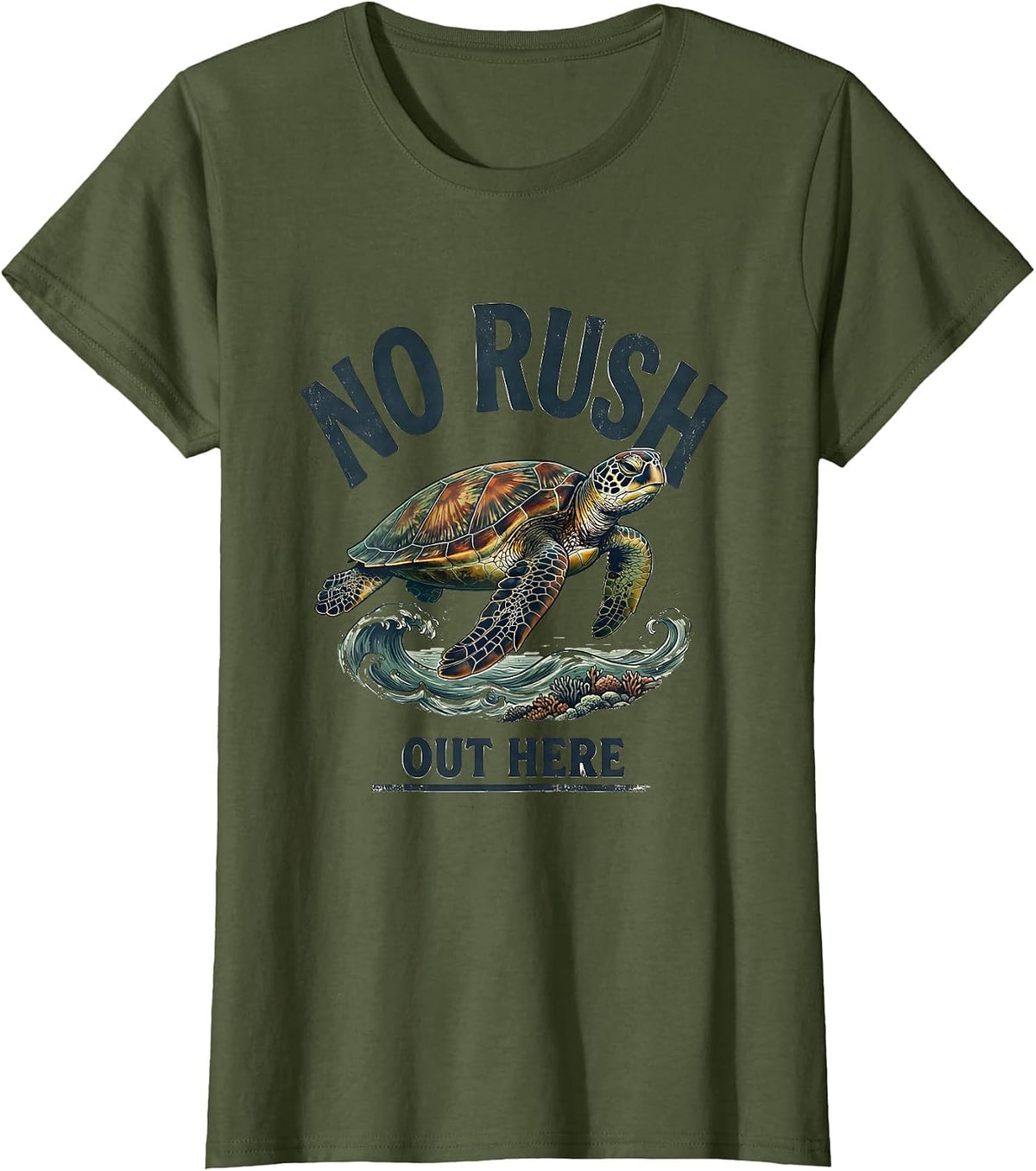 Women's No Rush Out Here Vintage Sea Turtle Beach Vacation Souvenir T-Shirt - Olive Green