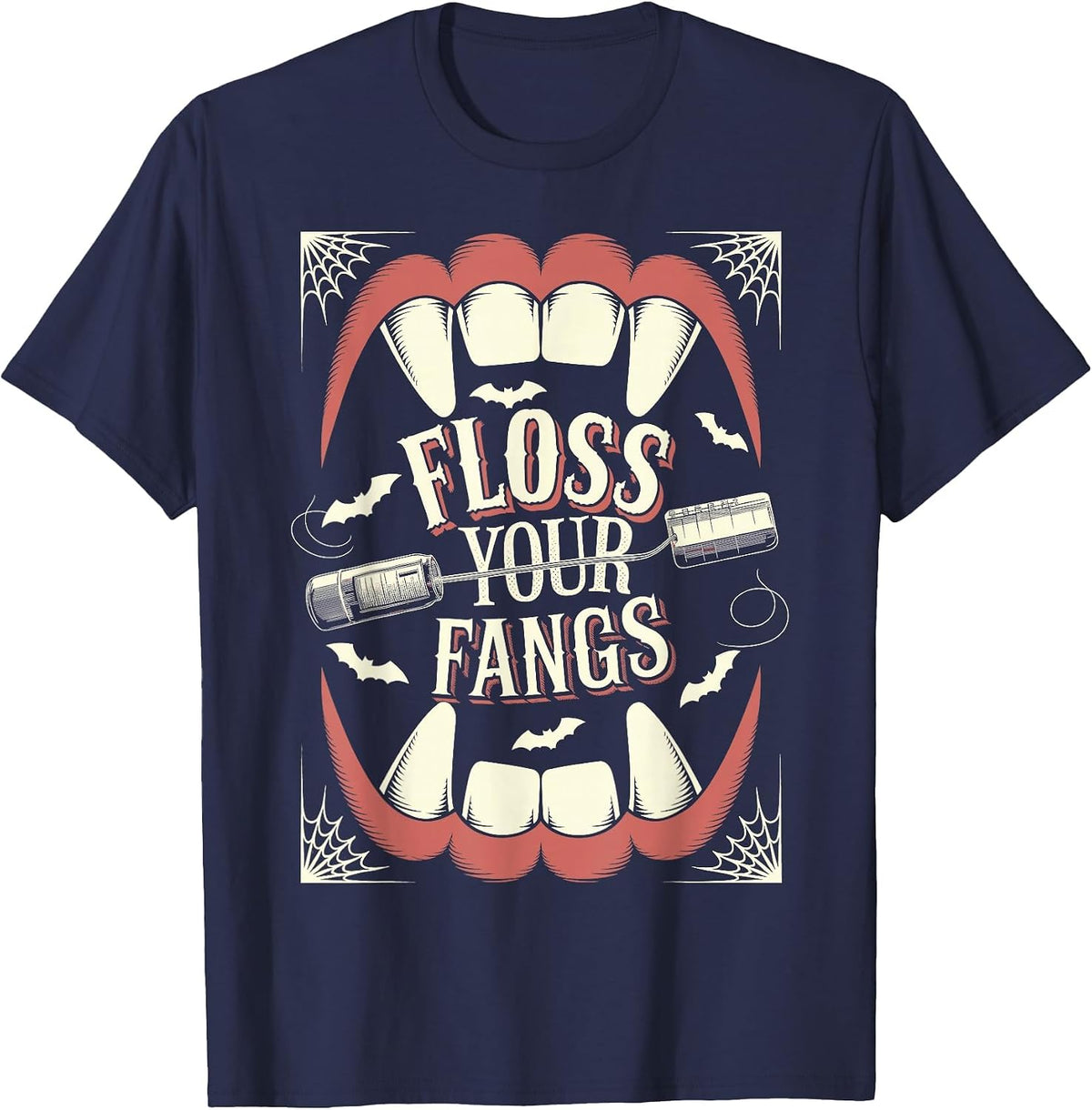 Funny Dental Hygienist Assistant Halloween, Floss Your Fangs T-Shirt - Navy Blue