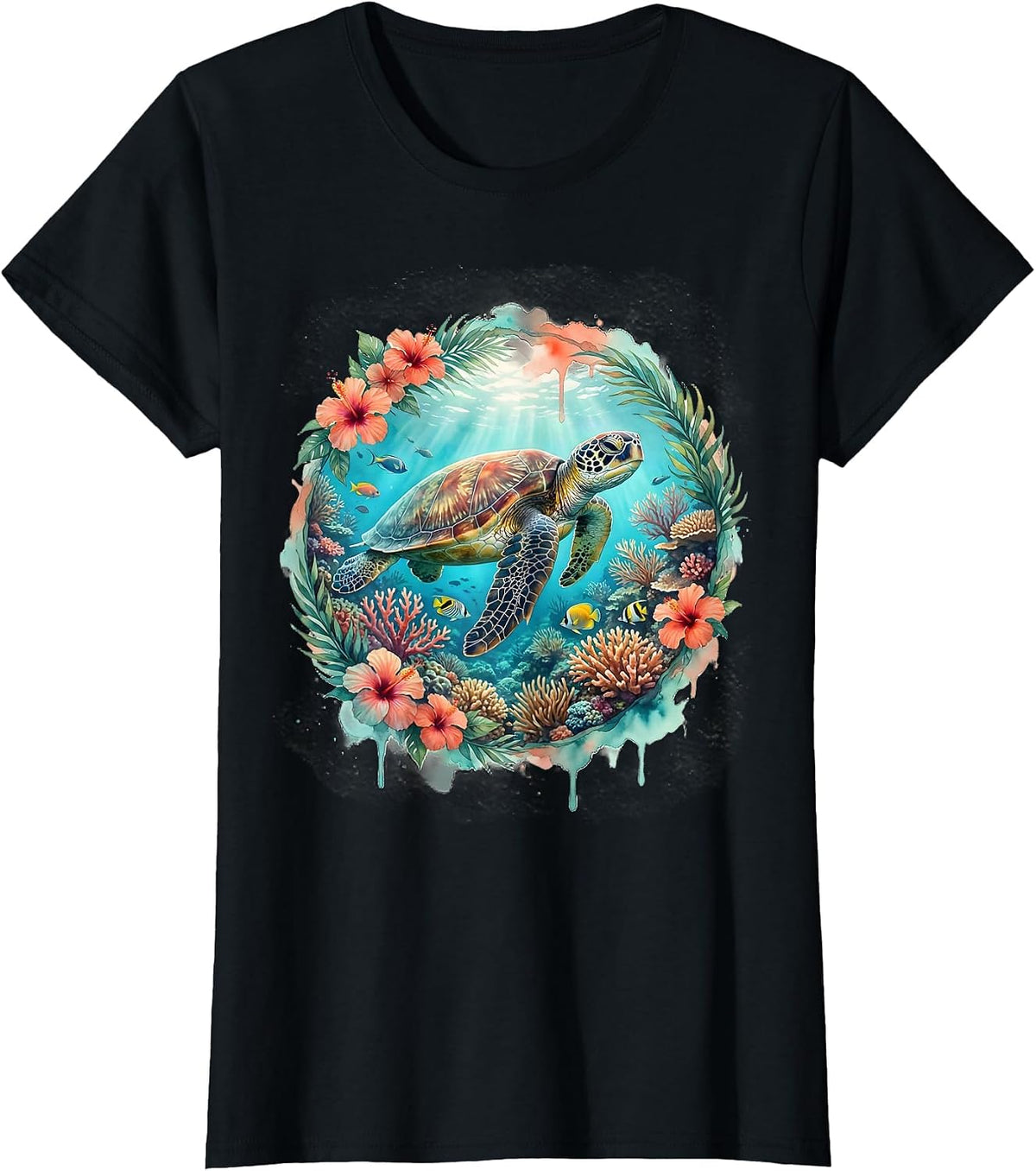 Women's Sea Turtle Coral Reef Hawaiian Ocean Design T-Shirt - Black