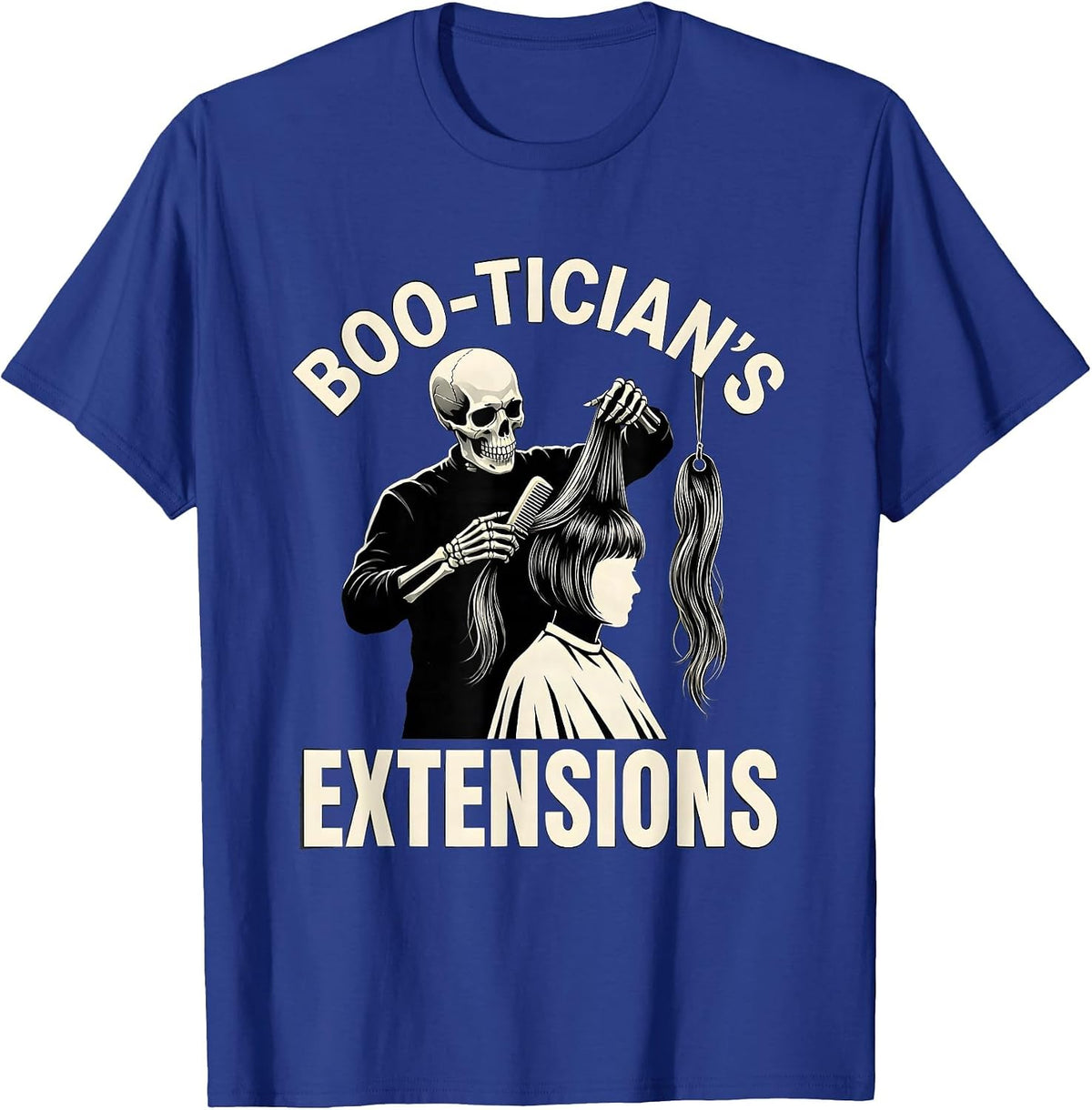 Men's Boo-tician's Extensions Skeleton Hairstylist Halloween Humor T-Shirt - Royal Blue