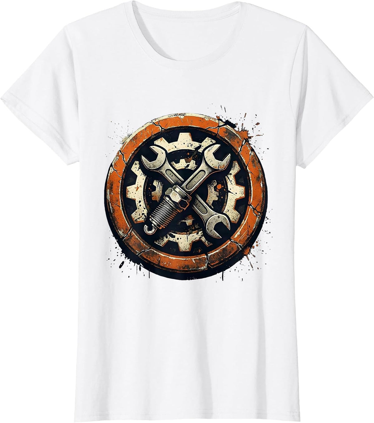 Women's Mechanic Wrench and Spark Plug Crossed Design T-Shirt - White