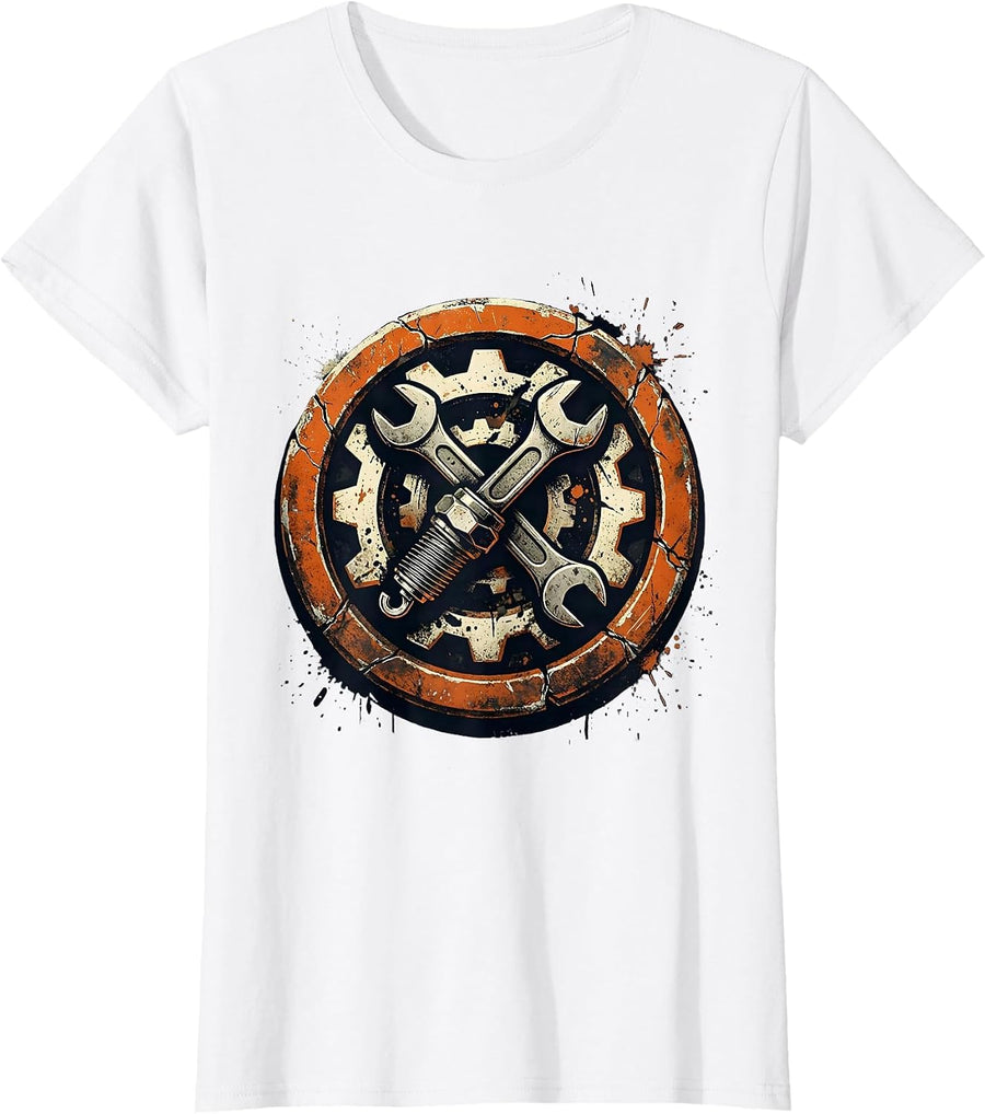 Women's Mechanic Wrench and Spark Plug Crossed Design T-Shirt - White