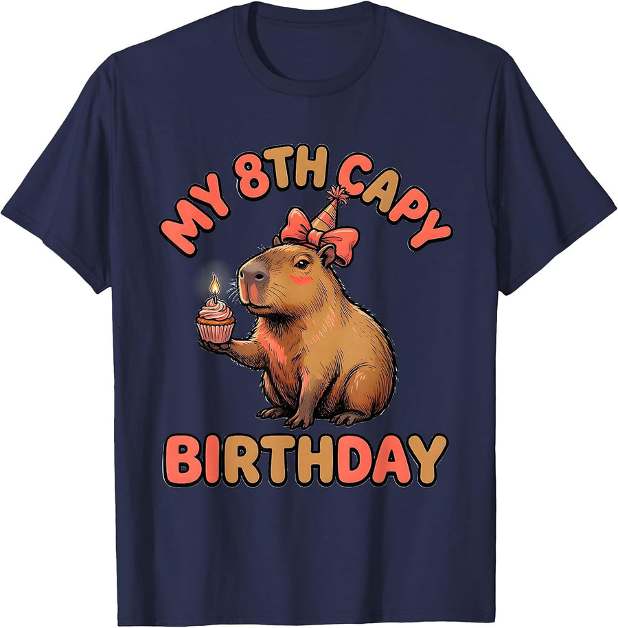 My 8th Capy Birthday Cute Capybara Kids Party Humor T-Shirt - Navy Blue