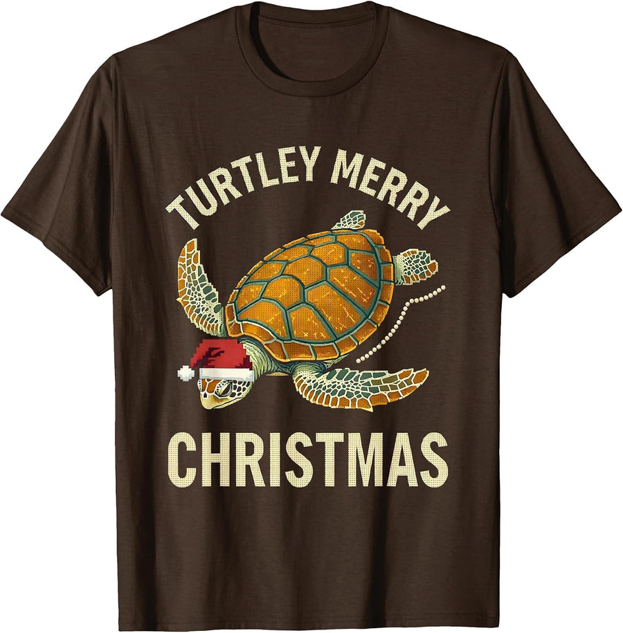 Turtley Merry Christmas Cross Stitch Sampler Sea Turtle T-Shirt - Brown