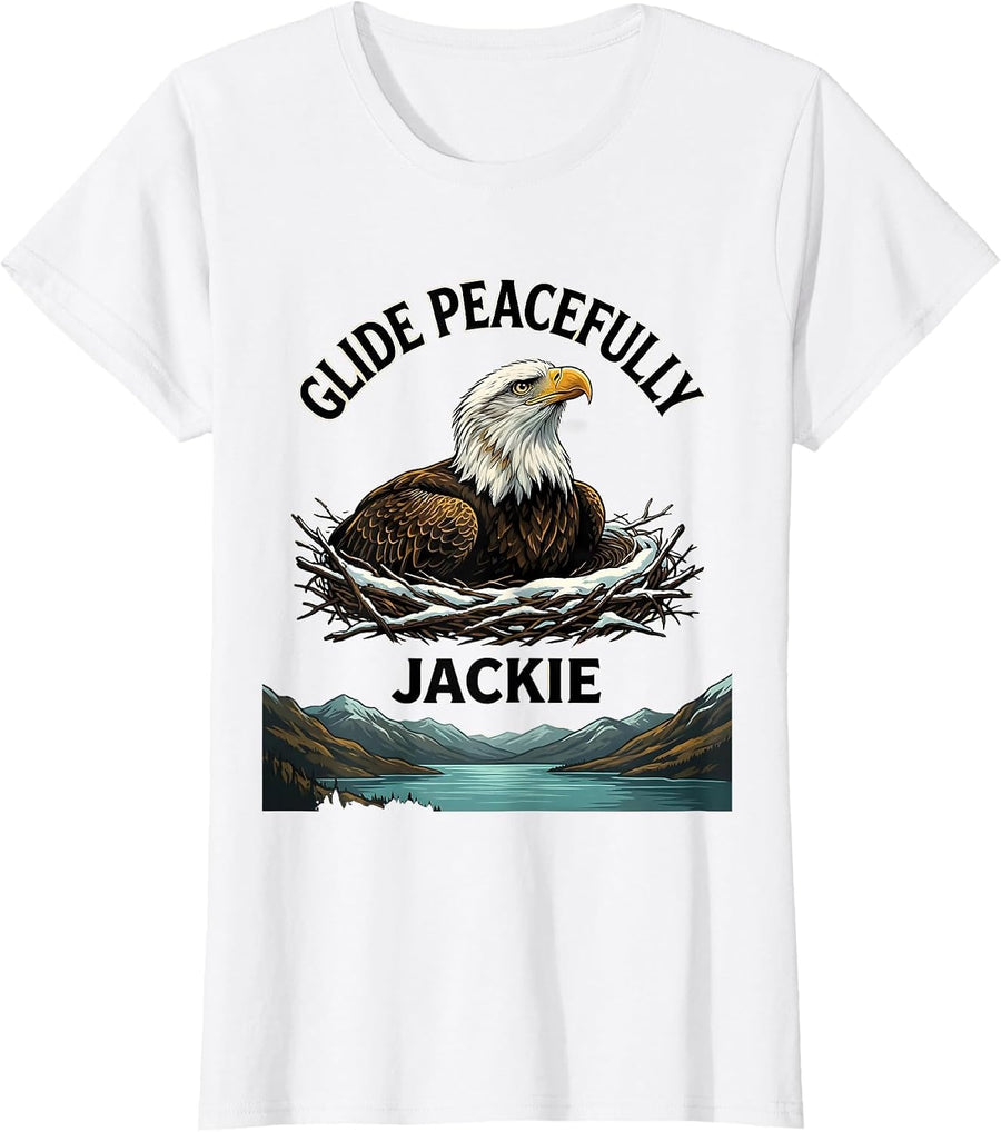 Women's Glide Peacefully, Jackie Wildlife Memorial Tribute Bald T-Shirt - White