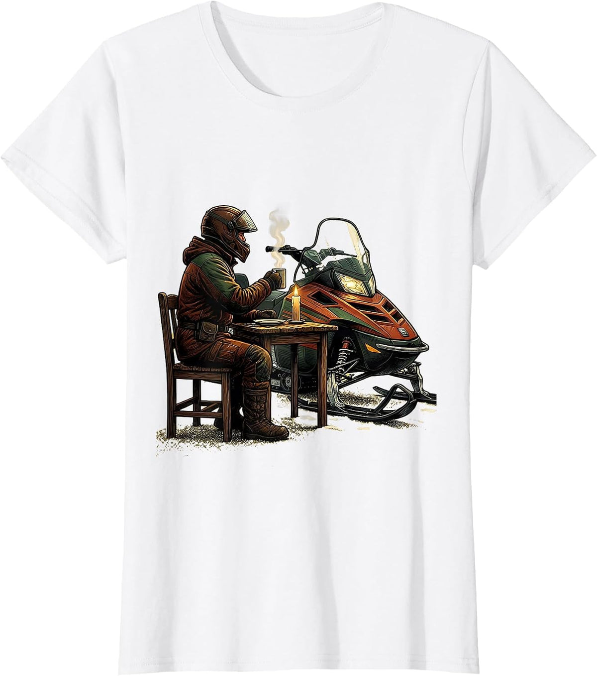Helmeted Rider Snowmobile Dinner Humor Gift T-Shirt - White