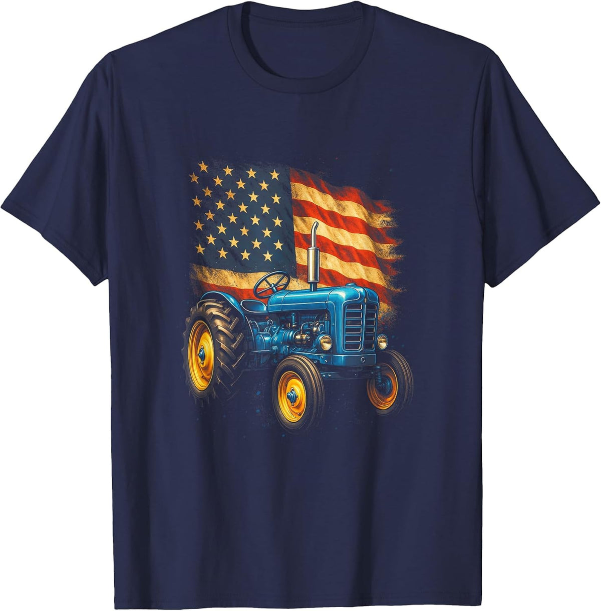 Vintage Tractor with American Flag - Patriotic Farm USA T-Shirt - Navy Blue