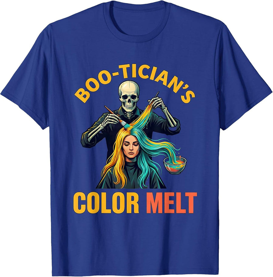Boo-tician's Color Melt Funny Skeleton Hairstylist Halloween T-Shirt - Royal Blue